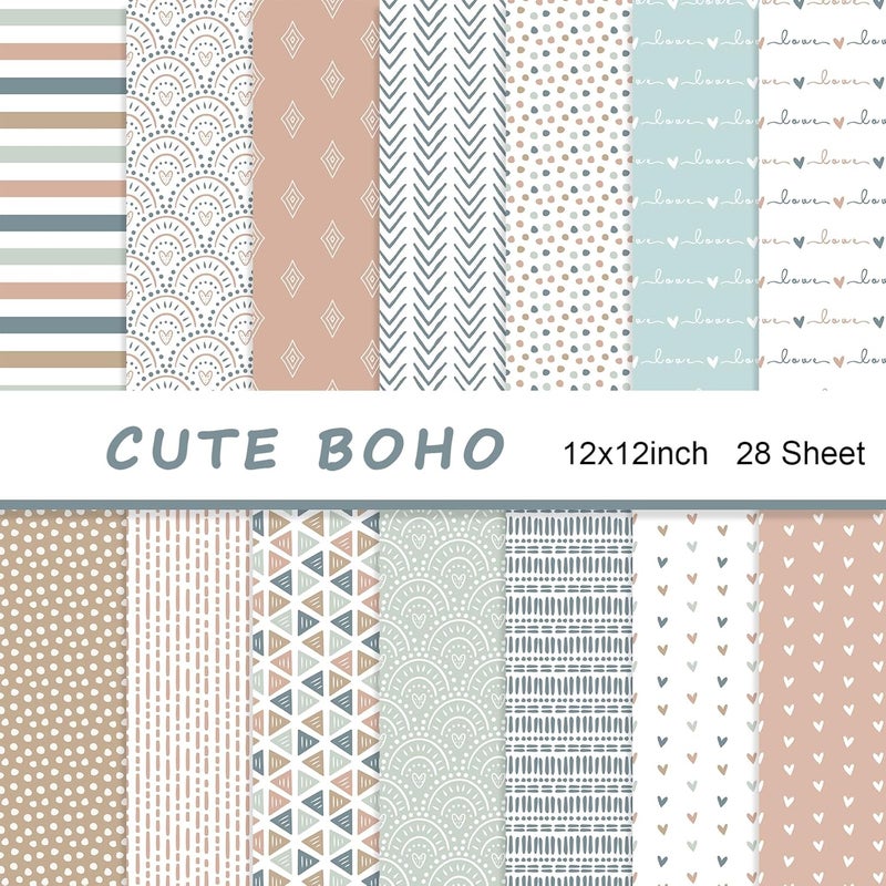 Naszonus 28 Sheet Boho Scrapbook Paper, 12"X12" Inch Scrapbook Papers, 90 lb/160 gsm Scrapbook Paper Double-Side Print (BOHO 2) - Image 1